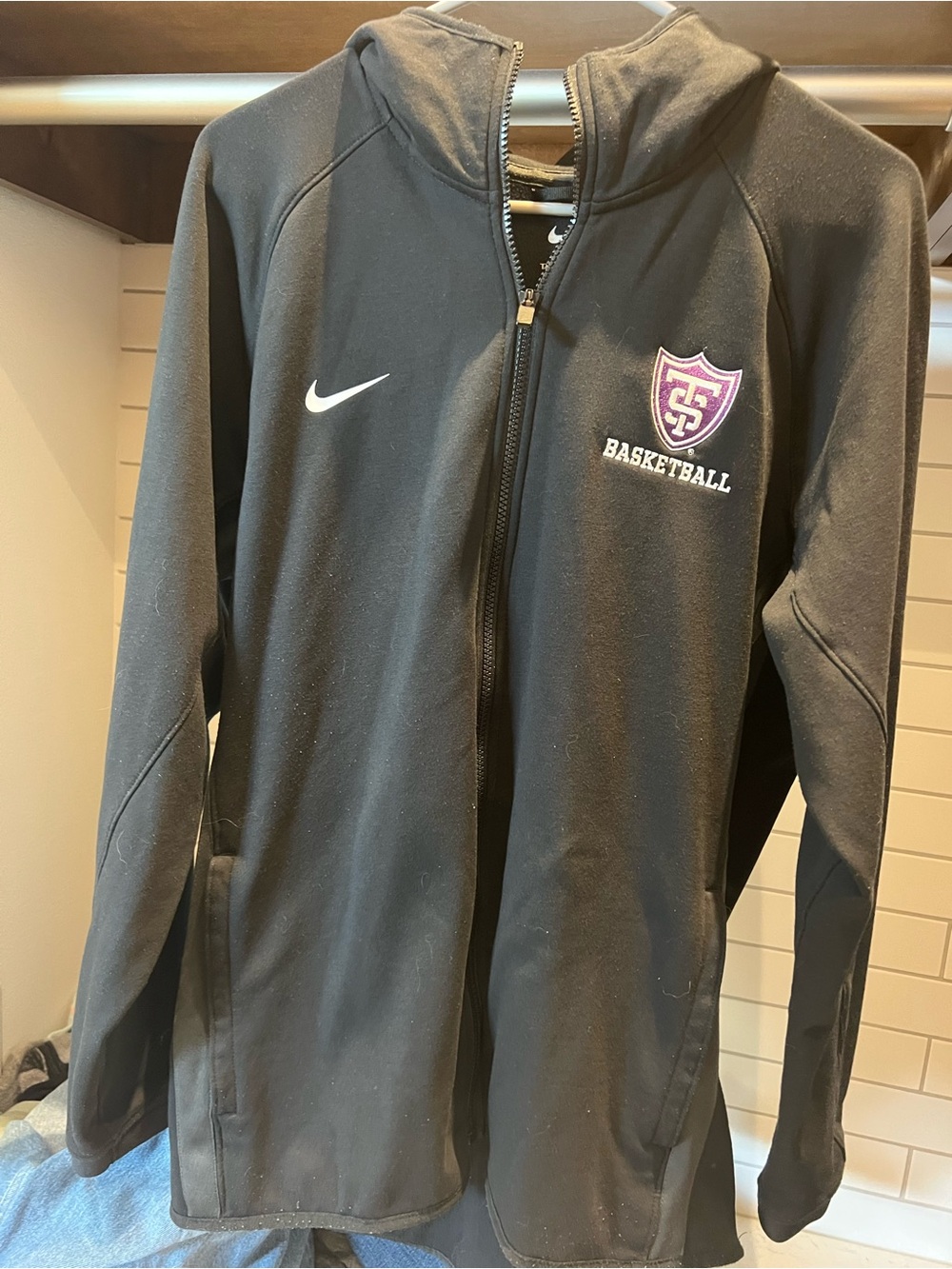 Nike Black Full-Zip Basketball Hoodie with Purple St Thomas logo